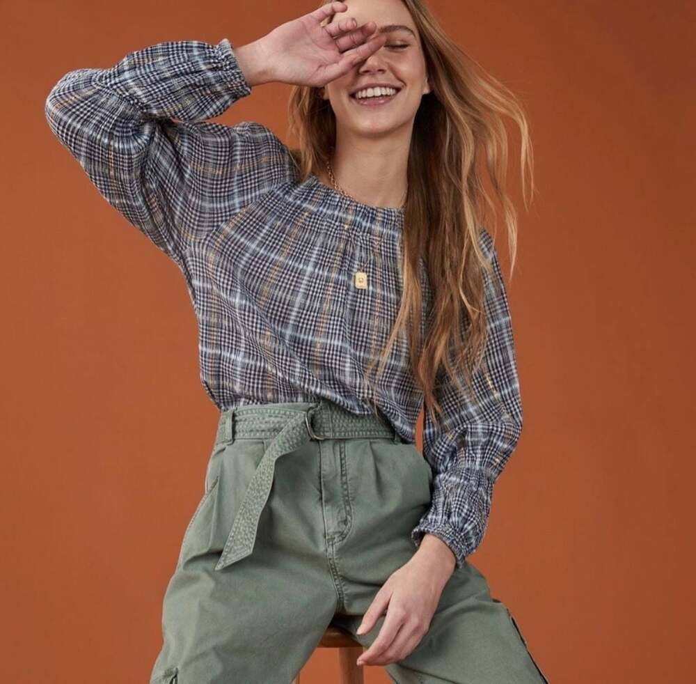 Anthropologie Pilcro Shari Smocked Plaid Top Large